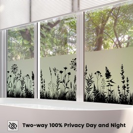 DKTIE Window Privacy Film Flowers Pure Black Stained Glass Window Film Decorative Frosted Glass Window Film Sun Blocking Heat Control Static Cling (A424-Black, 35.4in X 118.1in)