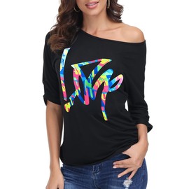 ELFIN Damen T-Shirt 80er Jahre Party-Shirts Sexy Lippen Drucken One-Shoulder-Shirt Kurzarm Sommer Oberteil Casual Bluse Tops, Schwarz-Love, S
