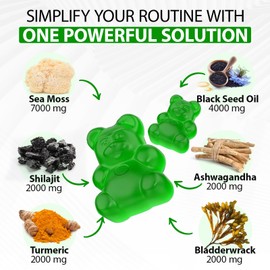 Sea Moss Gummies with Elderberry Black Seed Oil Ashwagandha Ginger Bladderwrack Vitamin C Vitamin D Enhanced Immunity & Energy Supplement for Women, Men - Non GMO, Vegan (120 Gummies)