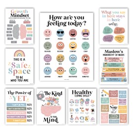 Hadley Designs 9 Boho Mental Health Posters For Classroom Elementary - School Counselor Office Decor, Mental Health Therapy Decor For Office, Calm Corner, School Counseling Office Decor