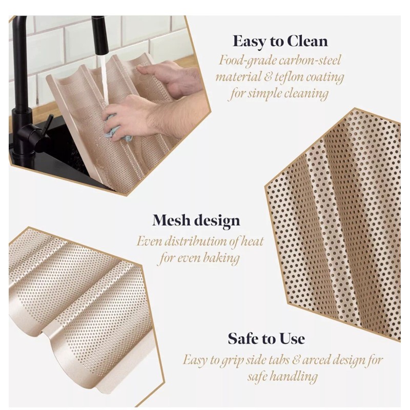 Gourmeo Non-Stick Baguette Baking Pan. 3 Loaf French Bread Tray.
