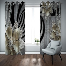 AiMiDian Black and Grey Blackout Curtains 84 inches Long 2 Panels Set, Diamond Jewelry Flowers Curtains Darkening Thermal Insulated Drapes for Bedroom Living Room 52x84