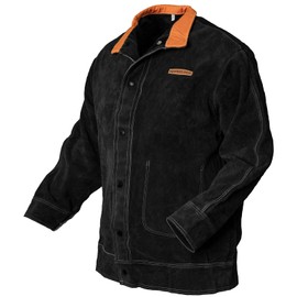 YESWELDER Black Leather Welding Jacket for Men Women, Heavy Duty Welder Jacket, Heat Flame Resistant Welding Coat, L
