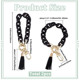 SUNNYCLUE 1 Box 2pcs Black Bracelet Keychain Wristlet Keychain Tassels Cute Acylic Chuncky Cable Chain Bangle Wrist Straps Keyrings with Gold Clasp for Women Handbags Purse Holding Findings