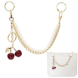 Pearl Chain Bag Accessory with Cherry Charm, 12 Inch Gold Metal Strap, Decorative Handbag Charm for Tote Bags (Set A)