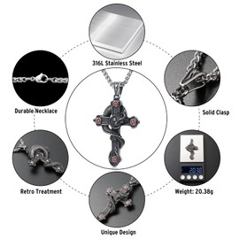 KIRTIJW Skull Cross Necklace Stainless Steel Gothic Biker Dragon Skull Pendant Necklace Jewelry for Men 60cm