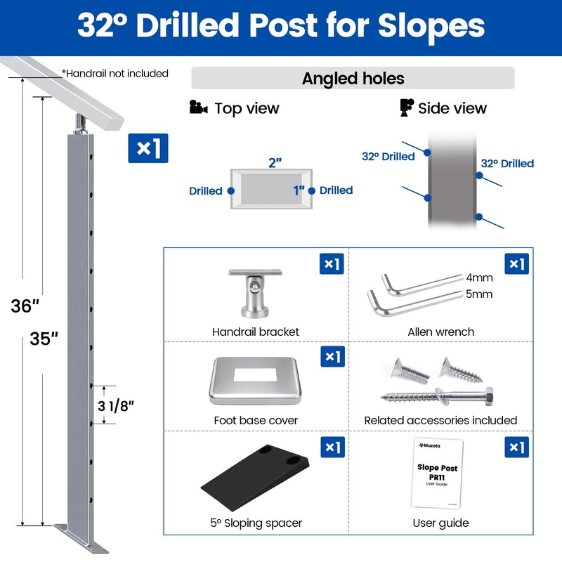 Muzata Slope Cable Railing Post 36 Inch for 25-40 Degrees