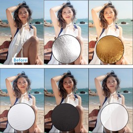 BOLLUMA 24"x24" Photography Light Reflector 5-in-1 Collapsible Multi Disc Lighting Reflectors with Bag, Translucent, Silver, Gold, White, and Black for Photo Studio Video