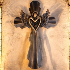 Top Brass Heavenly Angel Wing Wall Cross – Bronze-Finish Resin Cross with Heart-Shaped Angel and Detailed Feathered Wings – 11 ¾” Tall Inspirational Religious Wall Décor