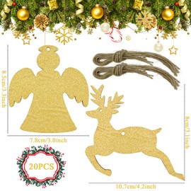 20PCS Christmas Wooden Baubles,Glitter Gold Angel Elk Christmas Wooden Slices Hanging，Cute Christmas Tree Decorations Hanging Ornaments for Home, Party, Winter Decor