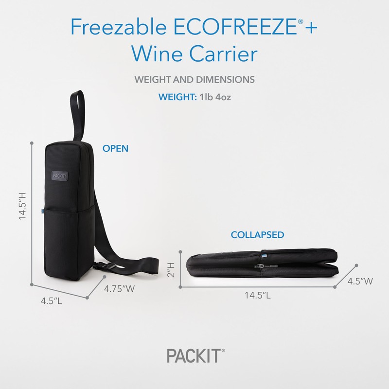 PackIt Freezable Wine Carrier, Black, with Adjustable Removable Crossbody Strap