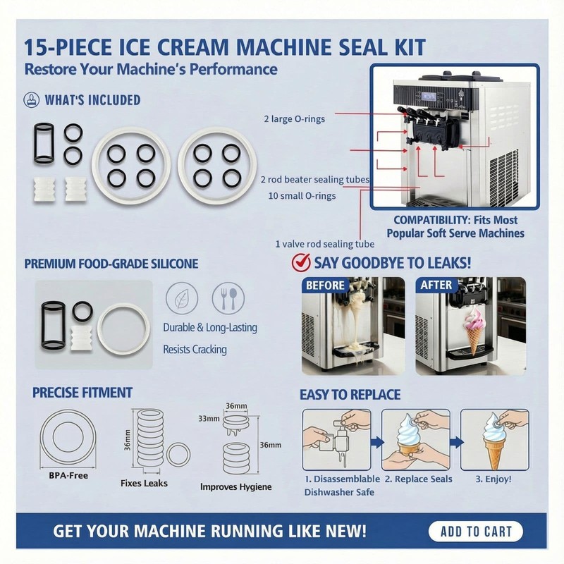 FixoTech Soft Serve Ice Cream Machine Parts, 15-Piece Replacement Kit