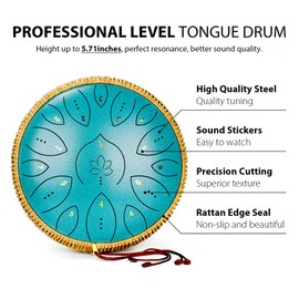 Steel Tongue Drum 13 Inches 15 Notes, Hand Pan Drums for Adults 432hz, C Major Handpan Musical Instrument with Song Book, Mallets and Carry Bag, Malachite Green