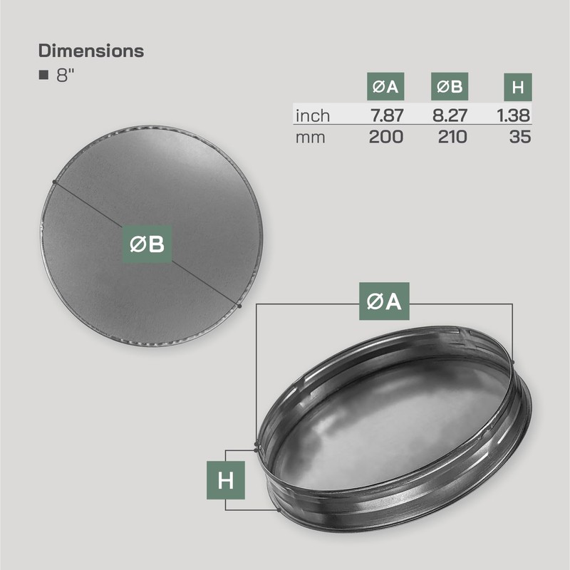 Vent Systems 8" Metal Tee Cap. Galvanized Steel End Cap.