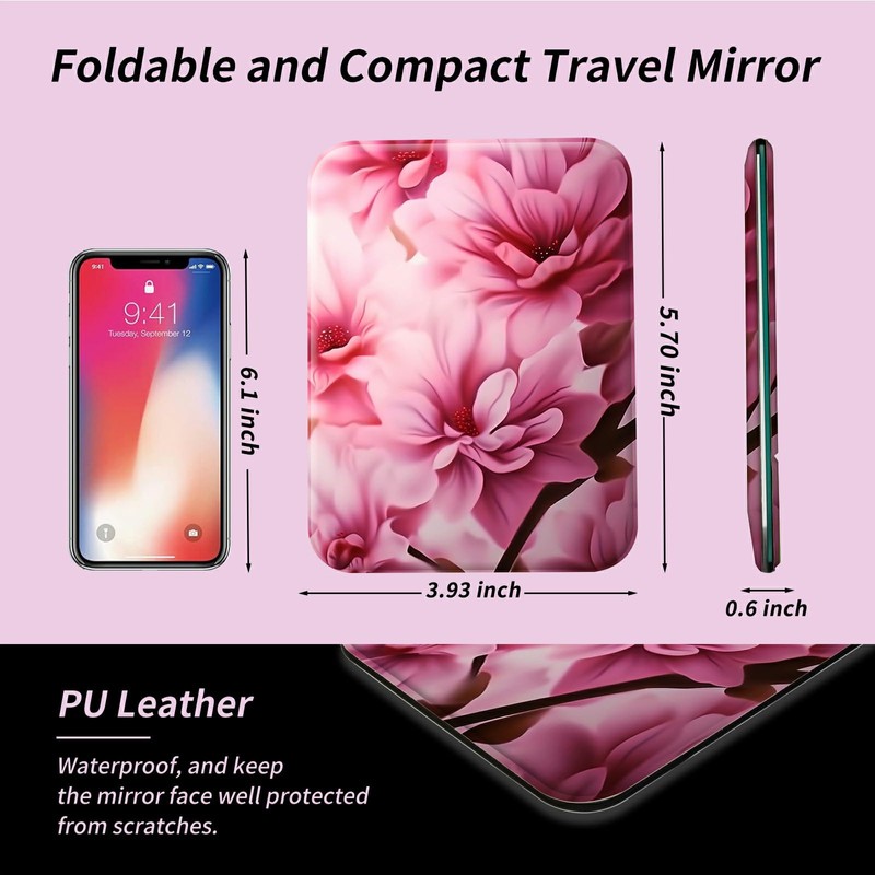 DIGTIALL Pink Flowers Folding Travel Mirror Vanity Mirror PU Leather
