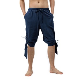Heyigrow Mens Pirate Shorts Renaissance Viking Costume, Medieval Lace-up Banded Pants Cotton Linen Cosplay Outfits(Blue,2XL)