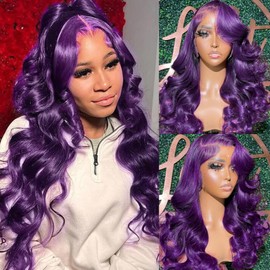 YMS Purple Human Hair Wigs for Women 180% Density 13x4 Lace Front Wigs Human Hair Pre Plucked Colored Glueless Wigs Human Hair Body Wave Royal Pueple Human Hair Lace Frontal Wigs 16 Inch