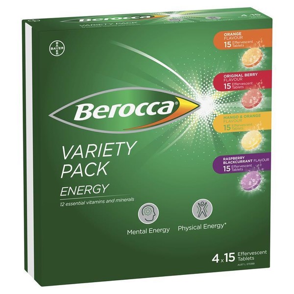 Berocca Energy Vitamin B & C Effervescent Tablets 4 x 15 Variety Pack Exclusive Size