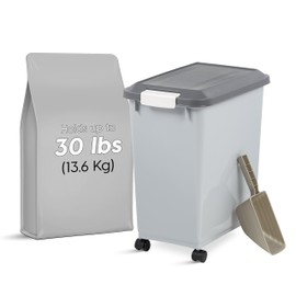 IRIS USA Dog Food Storage Container with Wheels, Airtight Lid, 2-Cup Scoop, Up to 30 Pounds Pet Food Storage, Built in Scoop Storage in Lid, Versatile Pet Food Bin, Portable, BPA Free, Gray/Dark Gray