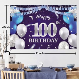 Happy 100th Birthday Banner Backdrop Navy Blue Balloons Confetti Stripe Flag Light Spots Cheers to 100 Years Old Theme Decorations Decor for Women Men 100th Birthday Party Bday Supplies Glitter Silver
