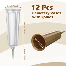 12 Pcs Cemetery Vases with Spikes Plastic Memorial Floral Vases Grave Flower Holder Cone In Ground Vases with Stakes for Lawn Headstone Graveside Decoration Artificial Fresh Flowers (White, Bronze)