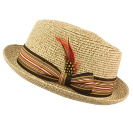 Men's Summer Porkpie Gambler Derby Fedora Removal Feather Hat Natural L/XL 58cm