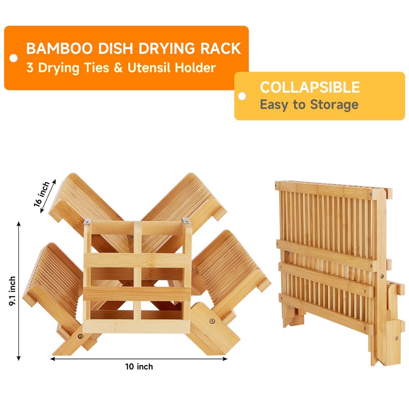 Worthyeah Bamboo Dish Drying Rack, 3-Tier Collapsible Wooden Dish Rack