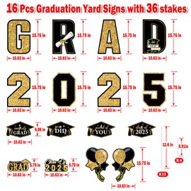 16 PCS Graduation Yard Signs, Black Gold Graduation Yard Signs Class Of 2025, Large Congrats Grad 2025 Grad Signs with Stakes For 2025 Graduation Party Decorations, Beautifull And Easy To Install