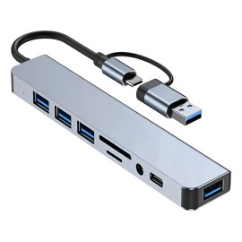 De Usb Hub 8 En 1 Azul Claro, 4 Puertos Usb-c/usb, Lector Y