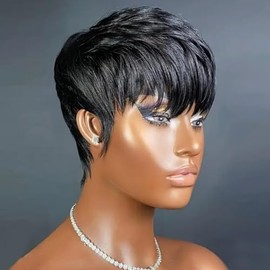 Yviann Pixie Cut Wig Human Hair Short Pixie Wigs for Black Women Human Hair Glueless Full Machine Made Glueless Wig Wear and Go Natural black 1B