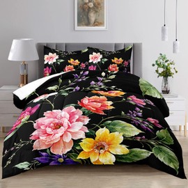 Raphus cucullatus Dark Floral Botanical Bedding Twin Comforter Sets,Black and Pink Comforter Boho Floral Bed Set Twin