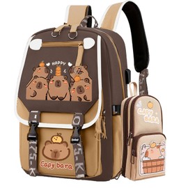 Cute Pink Capybara Backpack with Chic Case and More Pins Ita Bag Kawaii Cartoon Large Capacity Mochila De Capybara (Brown3)