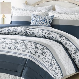 Quilta Navy Comforter Set King Size - Boho Blue Striped Comforter Bedding Set, Floral Pattern Soft Duvet Insert, Skin Friendly Reversible Comforters with 2 Pillowshams, Navy/White