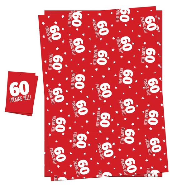 60th Birthday Wrapping Paper Gift Wrap & Tags For Men Women Funny Adult Theme Pack 2 Sheets (NOT ROLL) + 2 Tags & String