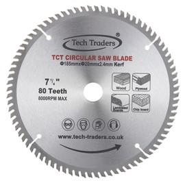 TCT18520B80T Tech Traders TCT Circular Saw Blade 185mm x20mm Bore 80T (16mm ring) fits Bosch Evolution Makita etc