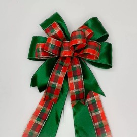 Handmade Christmas Bow, Emerald Green Satin, Red and Green Plaid