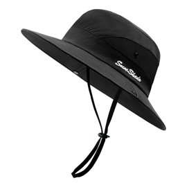 SEYUFN Women's Sun Hat Outdoor Summer Hiking Hat Women's UV Protection Bucket Cap Foldable Mesh Ponytail Wide Brim for Safari Fishing, A-Pures Black