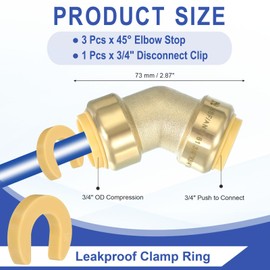 PATIKIL 3 Pcs 45° Elbow Stop Valve 3/4" x 3/4" Compression Water Shut Off Valve with 3/4" Disconnect Clip for Faucet Toilet Pex Copper Cpvc Pipe Brass, Gold