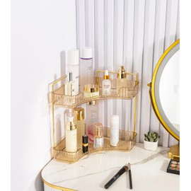 COMODID Corner Bathroom Counter Organizer Bathroom Countertop Shelf Makeup Organizer for Vanity Perfume Tray for Corner Storage (2 Tiers, Gold)