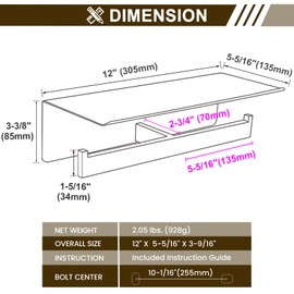 Toilet Paper Holder with Shelf Brushed Gold, Suyar 304 Stainless Steel Bathroom Double Paper Roll Holder with Phone Storage, Wall Mounted