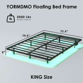 YORMDMO Floating Bed Frame King Size, Heavy Duty Bedframe with Smart LED Lights & Charging Station, Modern Metal Platform Bed, Easy Assembly No Box Spring Needed, 8 Inch