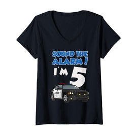 Womens Sound The Alarm I'm 5 5th Birthday Police Car Boys V-Neck T-Shirt
