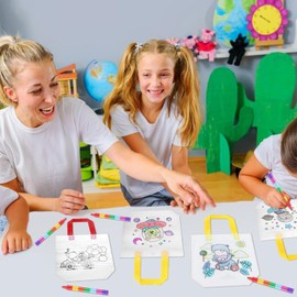 WEDAMOO Bags for Painting for Children, Pack of 12 DIY Graffiti Non-Woven Fabric Bags for Painting and 6 Pieces Stackable Wax Crayons (12 Colours in 1) for DIY Children's Birthday Party Favours