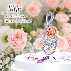 TOUPOP Rose Necklace with Music Note Pendant June Birth Month Flower 925 Sterling Silver June Birth Flower Necklaces Birthday Jewelry Music Gifts for Women Mom