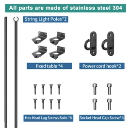 Antsky 2 Pack String Light Poles - Stainless Steel 6.5FT Deck Lights Poles with 2 Wall Hooks for Outdoor Light, String Lights, with SS Screws for Wood Posts Deck Decor (Black)