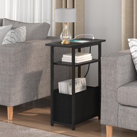 sthmec Narrow Side Table with Charging Station Set of 2, Small End Table for Small Spaces, Skinny Nightstands Set 2 with Storage Basket, 3 Tier Sofa Bedside Tables for Living Room,Bedroom, Black
