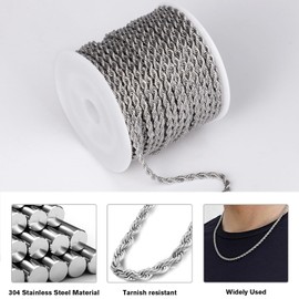 [33FT] Stainless Steel Rope Chain, 4mm Width 304 Stainless Steel Rope Chains Roll Bulk for Jewelry Making