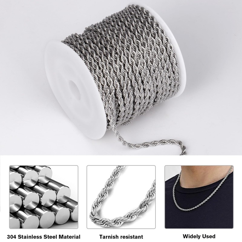 [33FT] Stainless Steel Rope Chain, 4mm Width 304 Stainless Steel