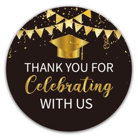 2" Black and Gold Graduation Thank You Stickers, 50 Congrats Grad Party Round Favor Sticker Labels.