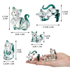 HDCRYSTALGIFTS Blown Glass Cat Figurines Collectibles Pack of 4 Emerald Green Crystal Kitty Animal Statue Kitten Sculpture for Home Decor Gift